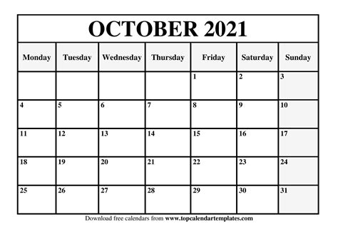Calendar Oct 2021 Printable Free
